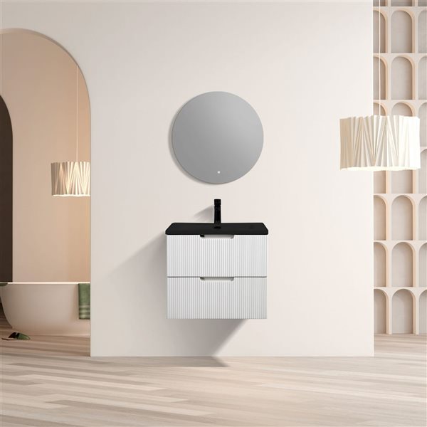 Meuble-lavabo simple mural Morgan GEF 30 po blanc lustré à comptoir de composite de quartz noir