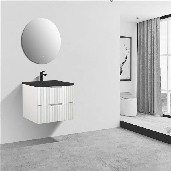 Meuble-lavabo simple mural Morgan GEF 30 po blanc lustré à comptoir de composite de quartz noir