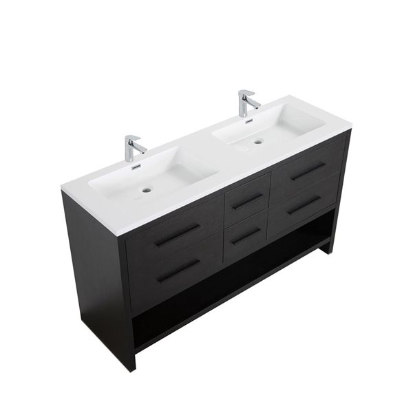 Meuble-lavabo double autoportant Brinley GEF chêne noir à comptoir marbre synthétique blanc lustré 72 po