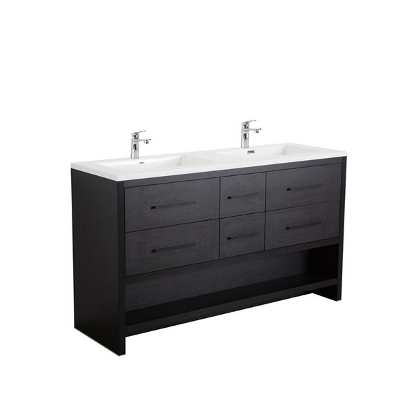 Meuble-lavabo double autoportant Brinley GEF chêne noir à comptoir marbre synthétique blanc lustré 72 po