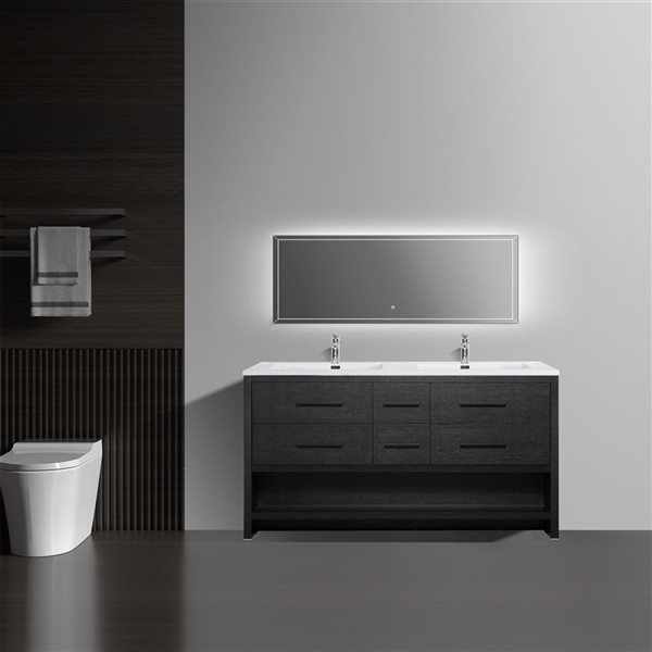 Meuble-lavabo double autoportant Brinley GEF chêne noir à comptoir marbre synthétique blanc lustré 72 po