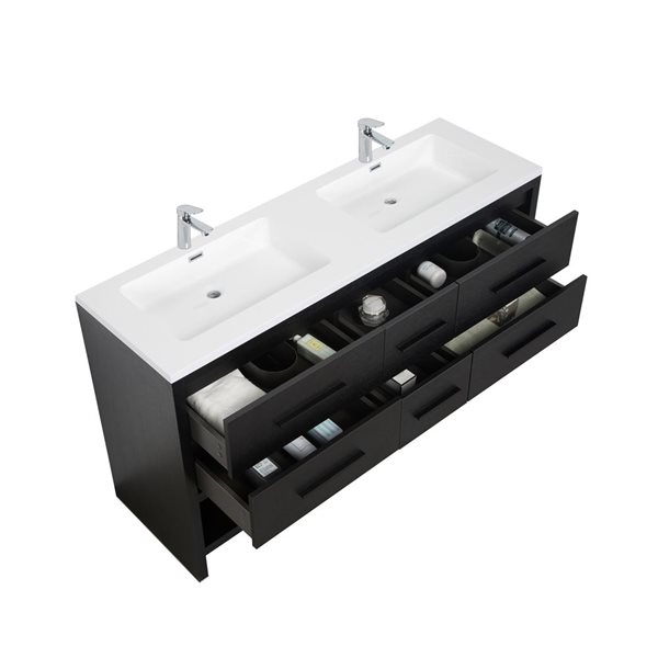 Meuble-lavabo double autoportant Brinley GEF chêne noir à comptoir marbre synthétique blanc lustré 72 po