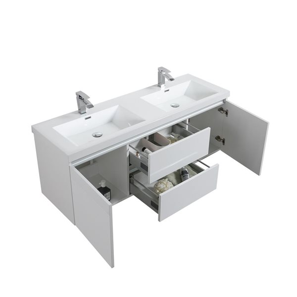 GEF Giselle 60-in Glossy White Double Sink Wall-mount Vanity with Glossy White Acrylic Top