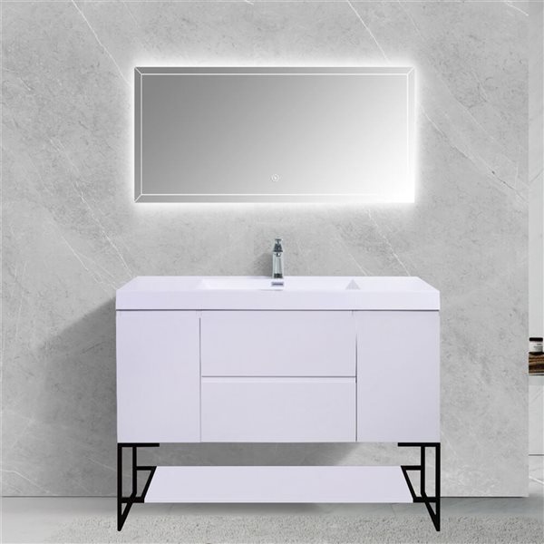 GEF Almere 48-in White Single Sink Freestanding Vanity with Polymarble Top, Metal Frame and Open Shelf