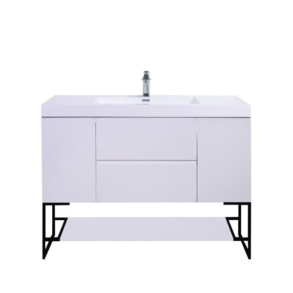 Meuble-lavabo simple autoportant Almere GEF blanc comptoir marbre synthétique cadre en métal étagère ouverte 48 po