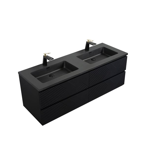 GEF Rylee 60-in Black Double Sink Wall-mount Vanity with Black Engineered Quartz Top