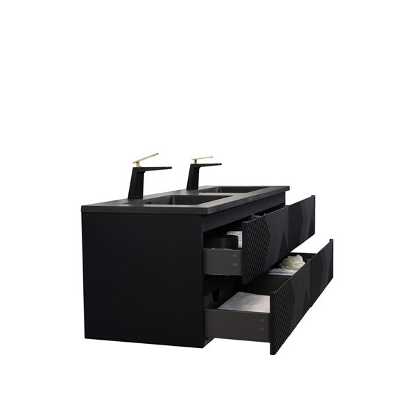 GEF Rylee 60-in Black Double Sink Wall-mount Vanity with Black Engineered Quartz Top