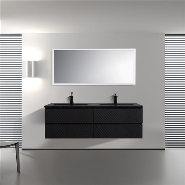 GEF Rylee 60-in Black Double Sink Wall-mount Vanity with Black Engineered Quartz Top