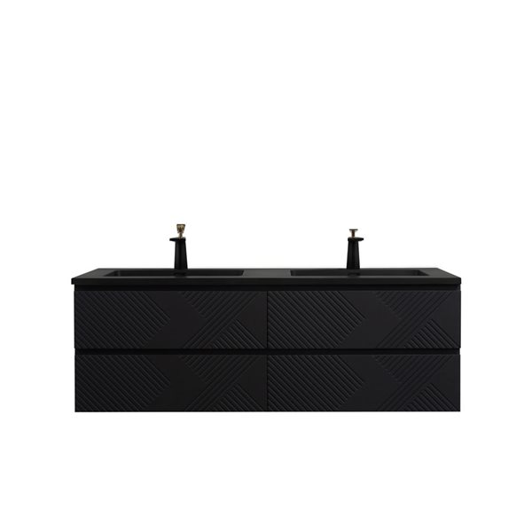 Meuble-lavabo double mural Rylee GEF noir à comptoir composite de quartz noir 60 po