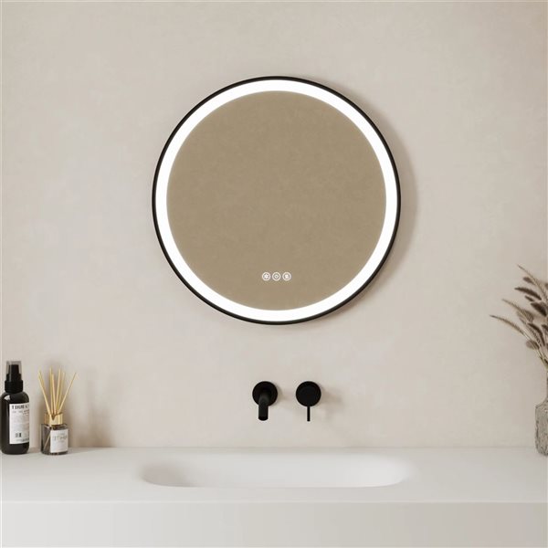 Miroir rond Cecilia de GEF à DEL à cadre en métal noir mat 24 x 24 po