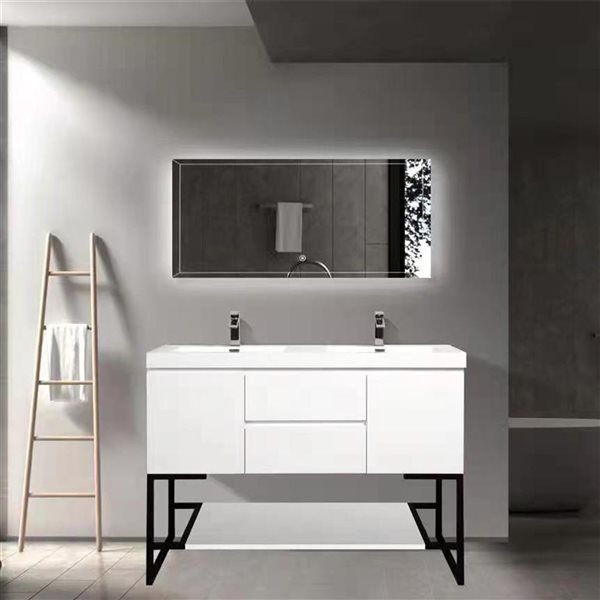 GEF Almere White 60-in Double Sink Freestanding Vanity with Polymarble Top, Metal Frame and Open Shelf