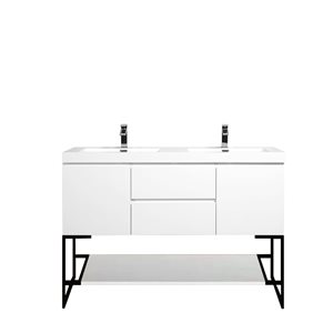 GEF Almere White 60-in Double Sink Freestanding Vanity with Polymarble Top, Metal Frame and Open Shelf