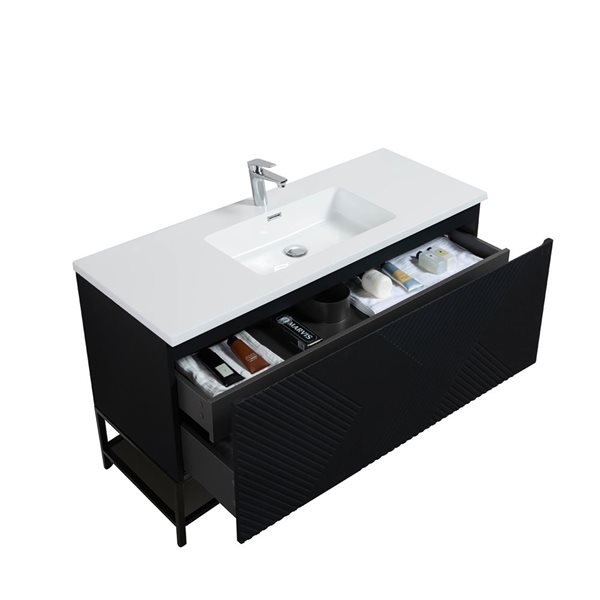 GEF Rylee 48-in Matte Black Single Sink Freestanding Vanity with Glossy White Polymarble Top, Metal Frame and Open Shelf