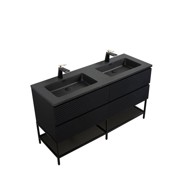 GEF Rylee 60-in Black Double Sink Freestanding Vanity with  Engineered Quartz Top, Metal Frame and Open Shelf