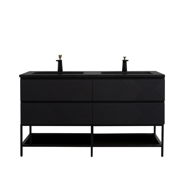 Meuble-lavabo autoportant double Rylee GEF noir à comptoir composite de quartz noir cadre mallique étagère ouvert 60 po