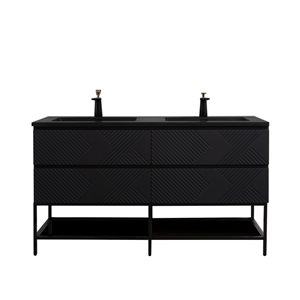 Meuble-lavabo autoportant double Rylee GEF noir à comptoir composite de quartz noir cadre mallique étagère ouvert 60 po