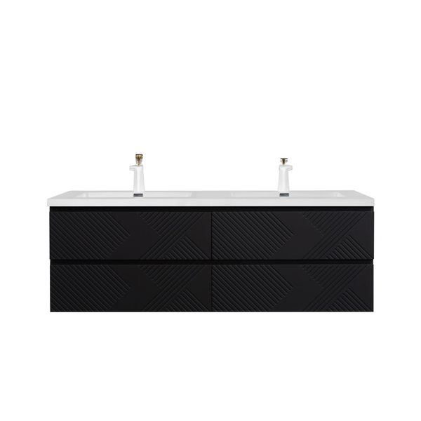 GEF Rylee 60-in Matte Black Double Sink Freestanding Vanity with Glossy White Polymarble Top, Metal Frame and Open Shelf