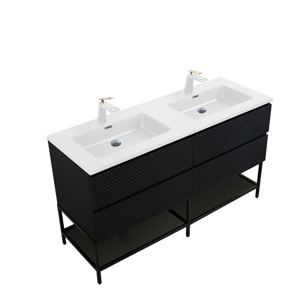 GEF Rylee 60-in Matte Black Double Sink Freestanding Vanity with Glossy White Polymarble Top, Metal Frame and Open Shelf