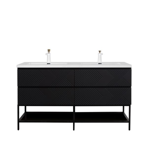 Meuble-lavabo double autoportant Rylee GEF 60 po noir mat plan marbre synthétique blanc lustré étagère ouverte