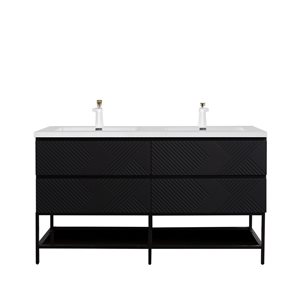 Meuble-lavabo double autoportant Rylee GEF 60 po noir mat plan marbre synthétique blanc lustré étagère ouverte