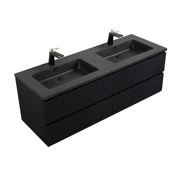 Meuble-lavabo double mural Rylee GEF noir mat à comptoir en composite de quartz noir 72 po