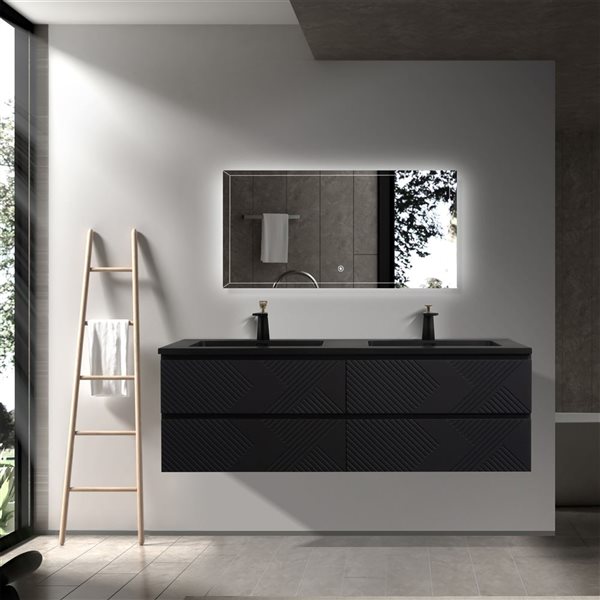 Meuble-lavabo double mural Rylee GEF noir mat à comptoir en composite de quartz noir 72 po