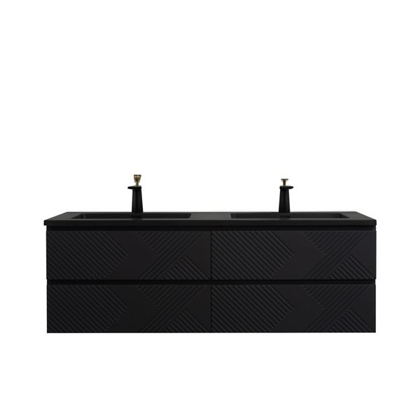 GEF Rylee 72-in Matte Black Double Sink Wall-mount Vanity with Black Engineered Quartz Top