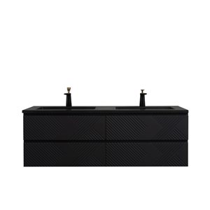 GEF Rylee 72-in Matte Black Double Sink Wall-mount Vanity with Black Engineered Quartz Top