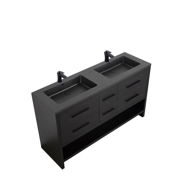 Meuble-lavabo double autoportant Brinley GEF chêne noir à comptoir composite de quartz noir 60 po