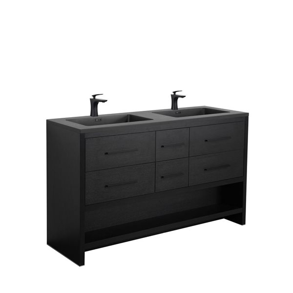 Meuble-lavabo double autoportant Brinley GEF chêne noir à comptoir composite de quartz noir 60 po