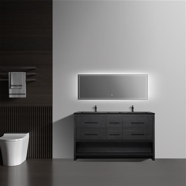 Meuble-lavabo double autoportant Brinley GEF chêne noir à comptoir composite de quartz noir 60 po