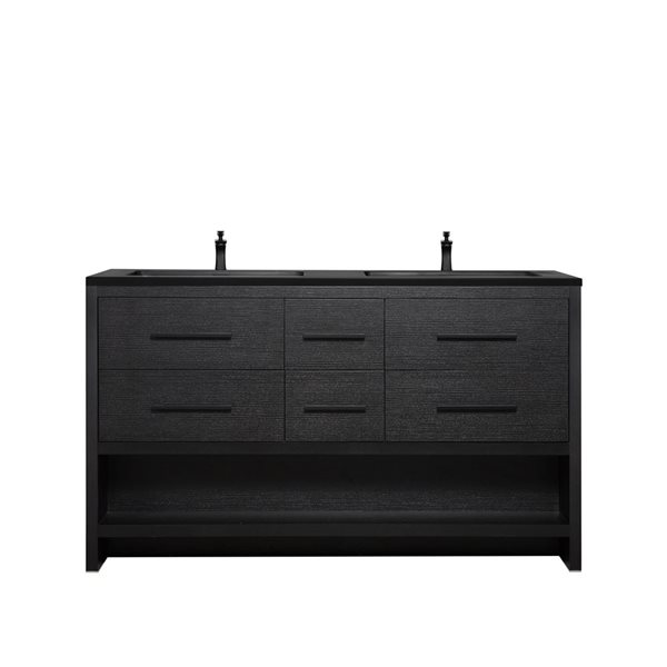 GEF Brinley 60-in Black Oak Double Sink Freestanding Vanity with Black Engineered Quartz Top