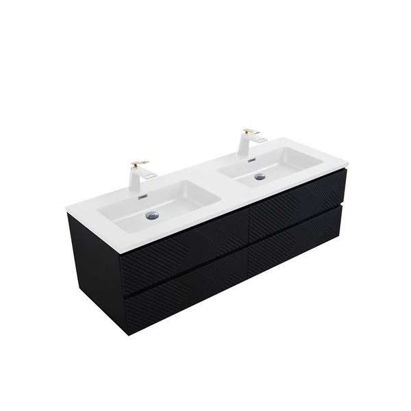 Meuble-lavabo double mural Rylee GEF noir mat à comptoir en marbre synthétique blanc lustré 60 po