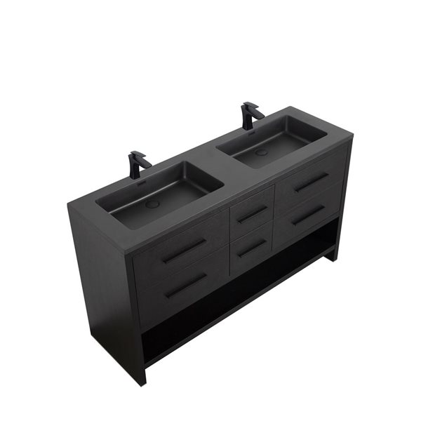 Meuble-lavabo double autoportant Brinley GEF chêne noir à comptoir en composite de quartz noir 72 po