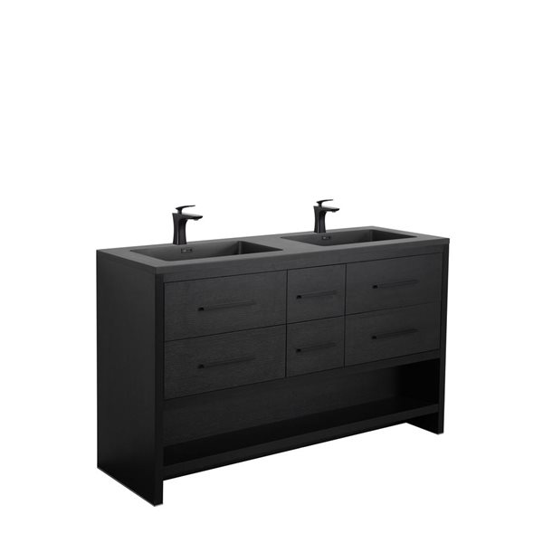 Meuble-lavabo double autoportant Brinley GEF chêne noir à comptoir en composite de quartz noir 72 po