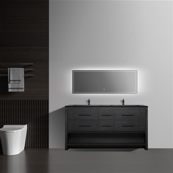 Meuble-lavabo double autoportant Brinley GEF chêne noir à comptoir en composite de quartz noir 72 po