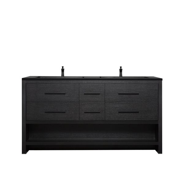 Meuble-lavabo double autoportant Brinley GEF chêne noir à comptoir en composite de quartz noir 72 po