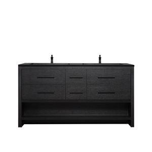 Meuble-lavabo double autoportant Brinley GEF chêne noir à comptoir en composite de quartz noir 72 po