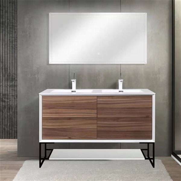 GEF Floy 48-in Walnut Double Sink Freestanding Vanity with Ceramic Top and Metal Frame and Open Shelf