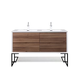 GEF Floy 48-in Walnut Double Sink Freestanding Vanity with Ceramic Top and Metal Frame and Open Shelf