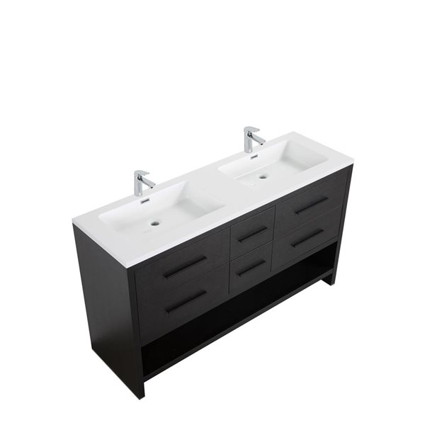 GEF Brinley 60-in Black Oak Double Sink Freestanding Vanity with Glossy White Polymarble Top