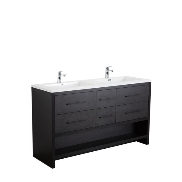 GEF Brinley 60-in Black Oak Double Sink Freestanding Vanity with Glossy White Polymarble Top