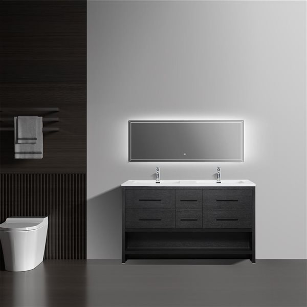 GEF Brinley 60-in Black Oak Double Sink Freestanding Vanity with Glossy White Polymarble Top