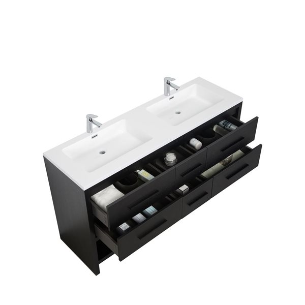 GEF Brinley 60-in Black Oak Double Sink Freestanding Vanity with Glossy White Polymarble Top