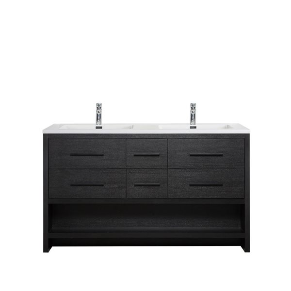 Meuble-lavabo double autoportant Brinley GEF chêne noir comptoir de marbre synthétique blanc lustré 60 po