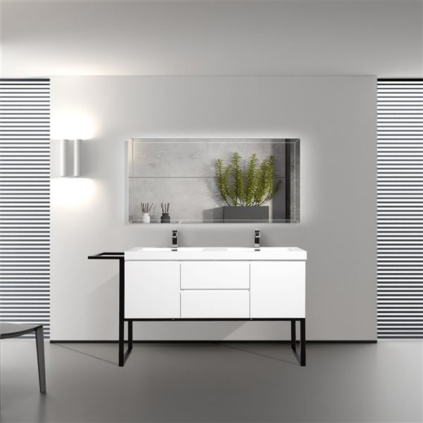 GEF Almere 60-in White Double Sink Freestanding Vanity with White Polymarble Top