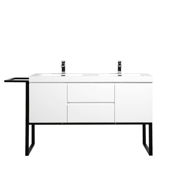 GEF Almere 60-in White Double Sink Freestanding Vanity with White Polymarble Top