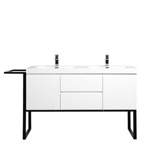 Meuble-lavabo double autoportant Almere GEF 60 po blanc comptoir marbre synthétique blanc