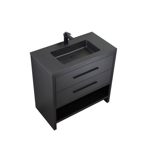 GEF Brinley 36-in Black Oak Single Sink Freestanding Vanity with Black Engineered Quartz Top