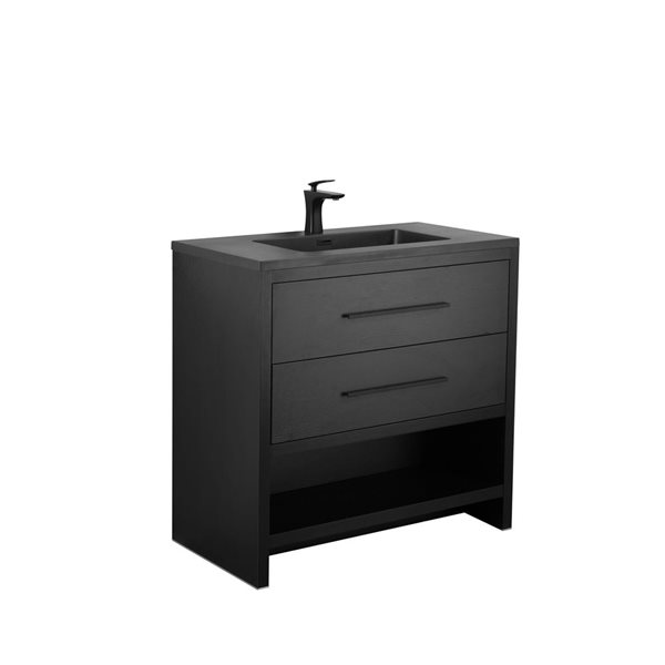 GEF Brinley 36-in Black Oak Single Sink Freestanding Vanity with Black Engineered Quartz Top